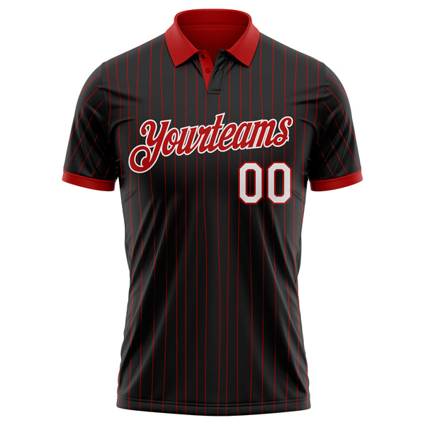 Custom Black Red Pinstripe-White Performance Polo Shirt