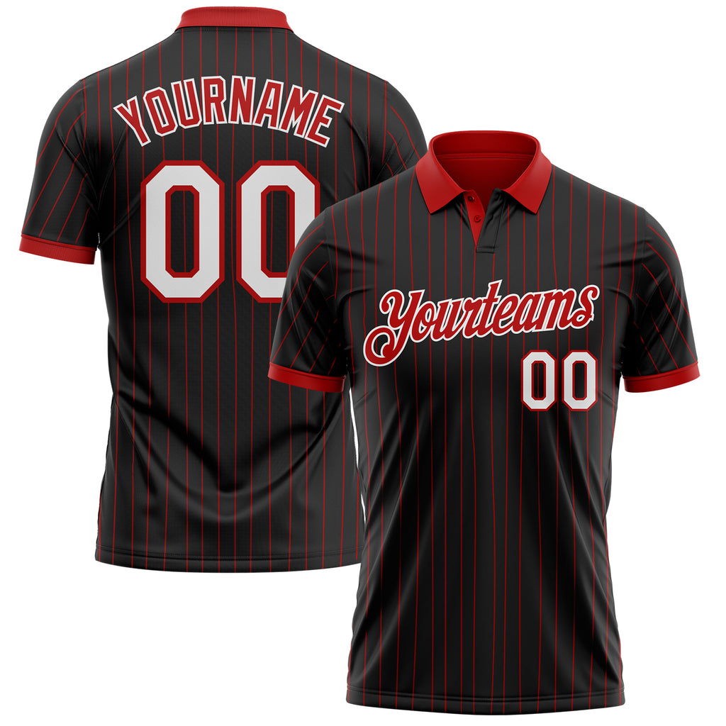 Custom Black Red Pinstripe-White Performance Polo Shirt