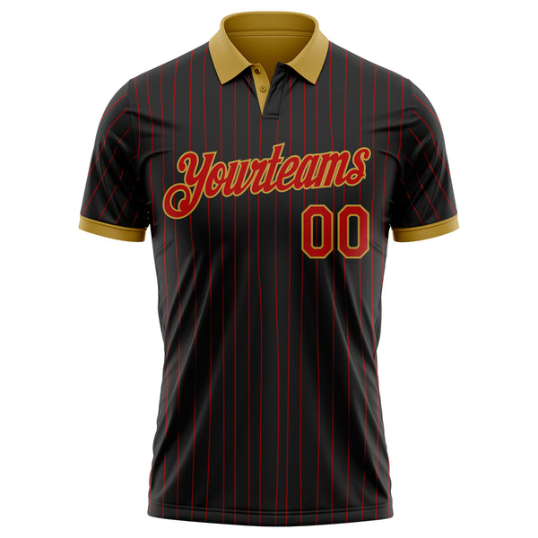 Custom Black Red Pinstripe-Old Gold Performance Polo Shirt