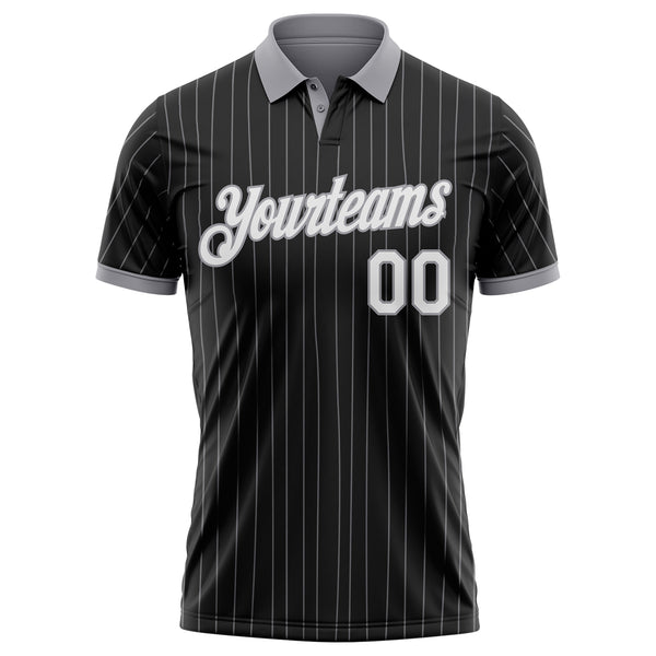 Custom Black Gray Pinstripe-White Performance Polo Shirt