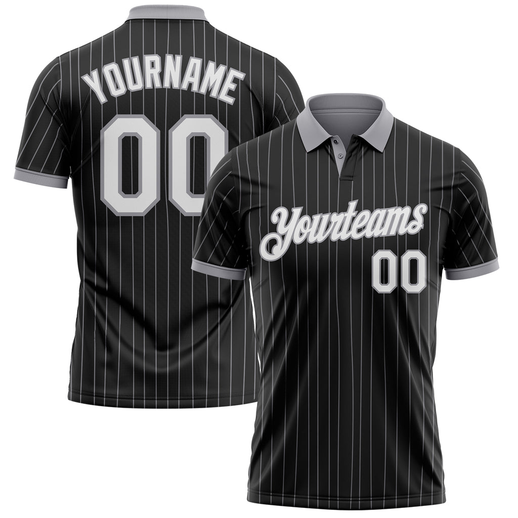 Custom Black Gray Pinstripe-White Performance Polo Shirt
