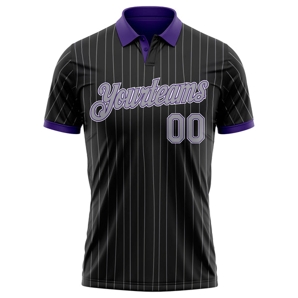 Custom Black Gray Pinstripe Purple-White Performance Polo Shirt