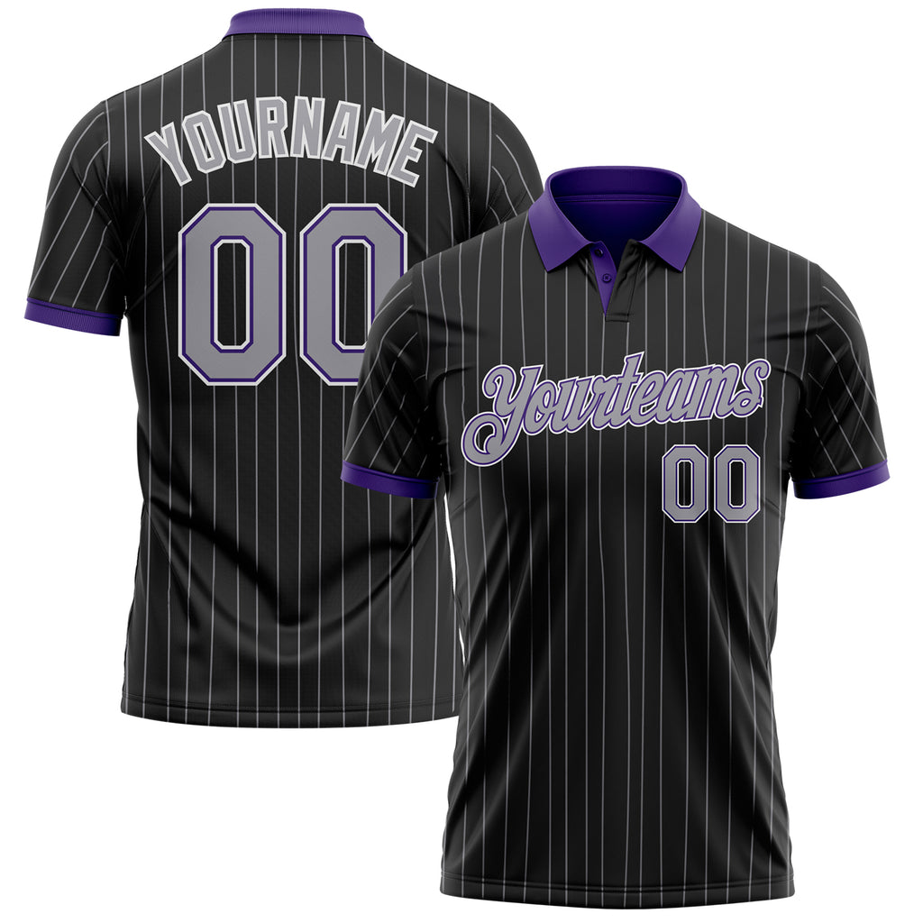 Custom Black Gray Pinstripe Purple-White Performance Polo Shirt