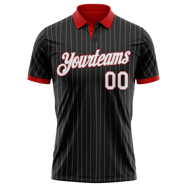 Custom Black Gray Pinstripe White-Red Performance Polo Shirt