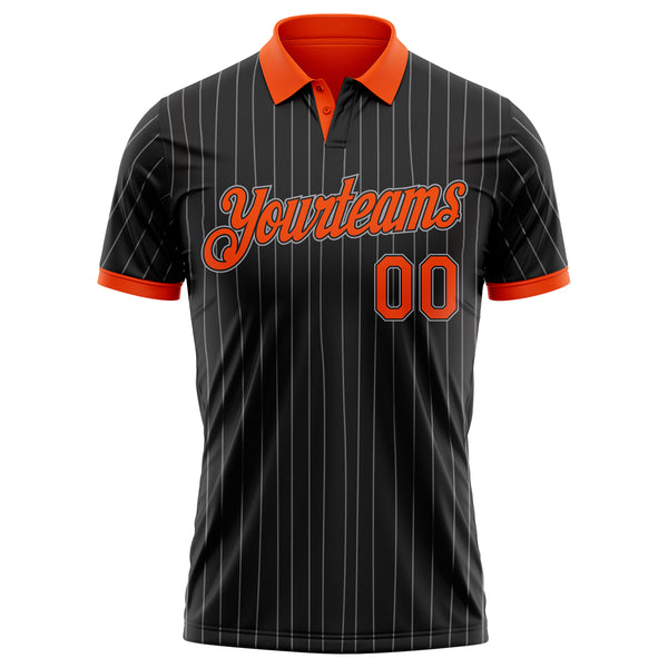 Custom Black Gray Pinstripe-Orange Performance Polo Shirt
