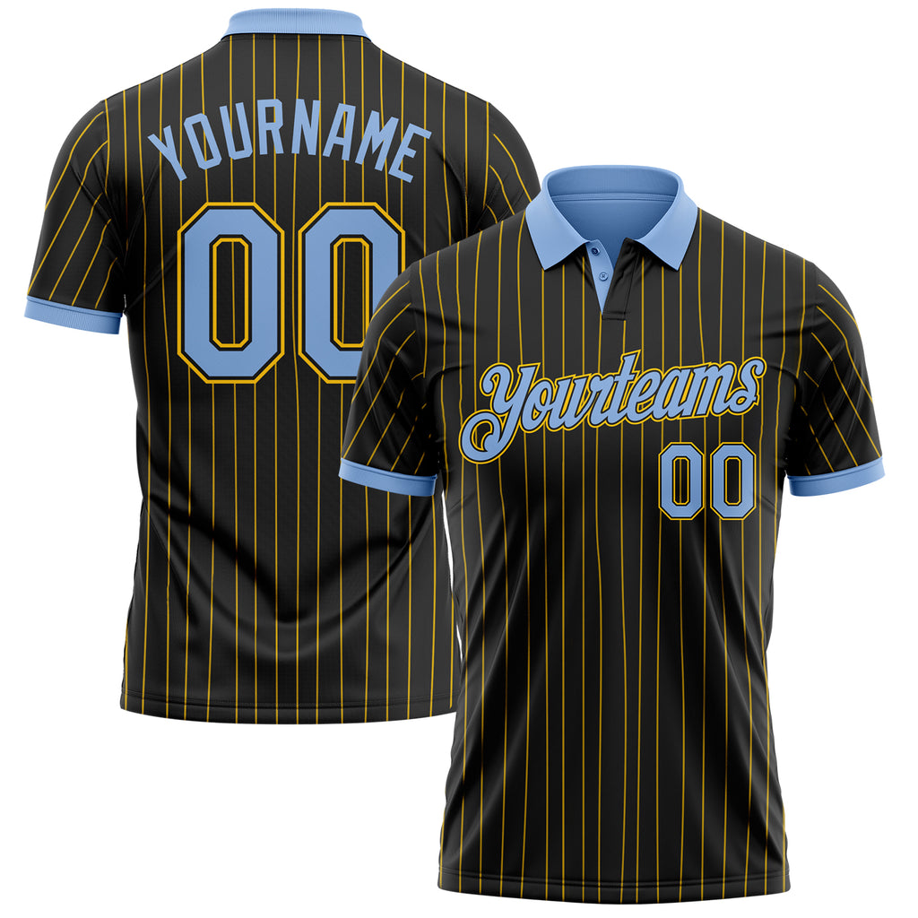 Custom Black Yellow Pinstripe-Light Blue Performance Polo Shirt