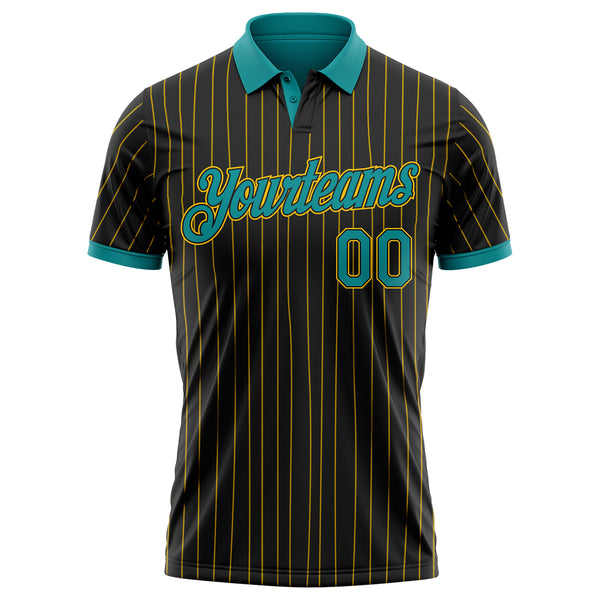 Custom Black Yellow Pinstripe-Teal Performance Polo Shirt
