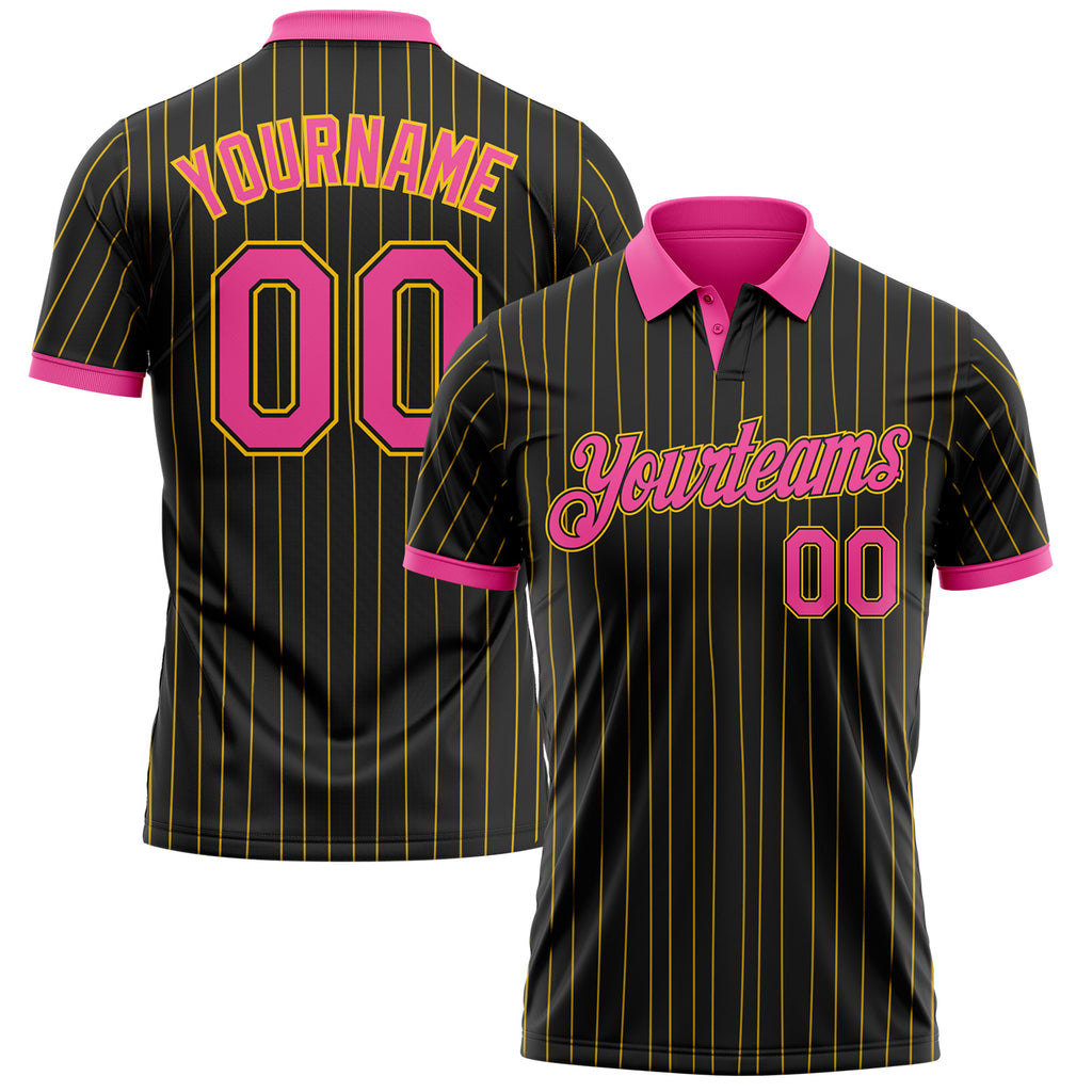 Custom Black Yellow Pinstripe-Pink Performance Polo Shirt