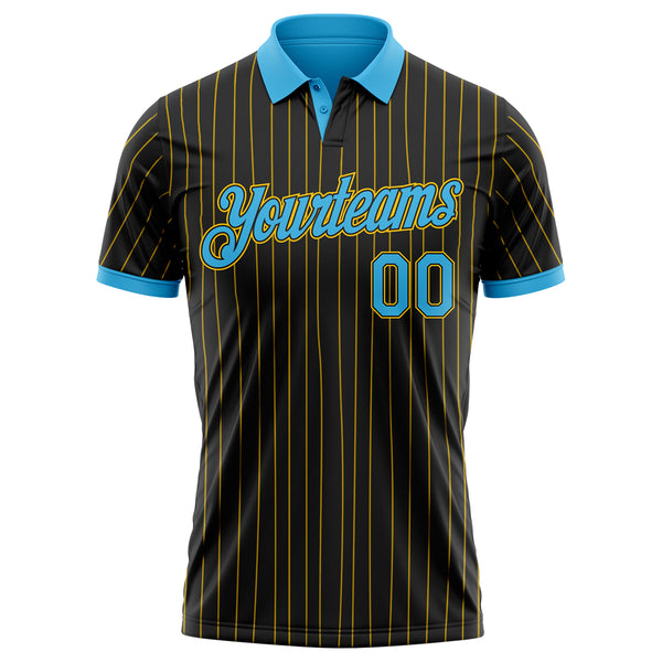 Custom Black Yellow Pinstripe-Sky Blue Performance Polo Shirt