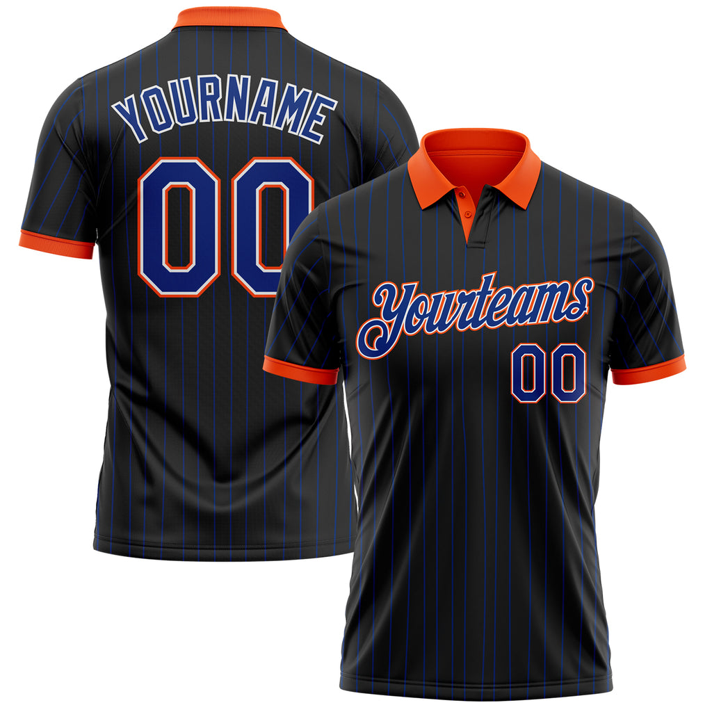Custom Black Royal Pinstripe White-Orange Performance Polo Shirt