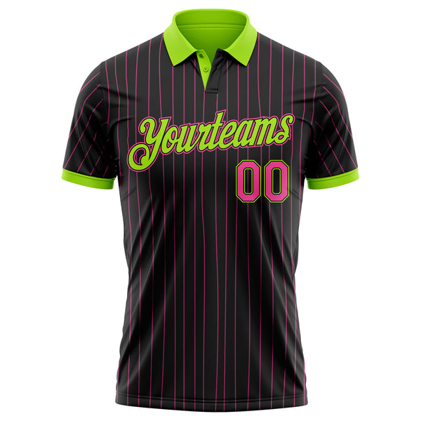 Custom Black Pink Pinstripe-Neon Green Performance Polo Shirt