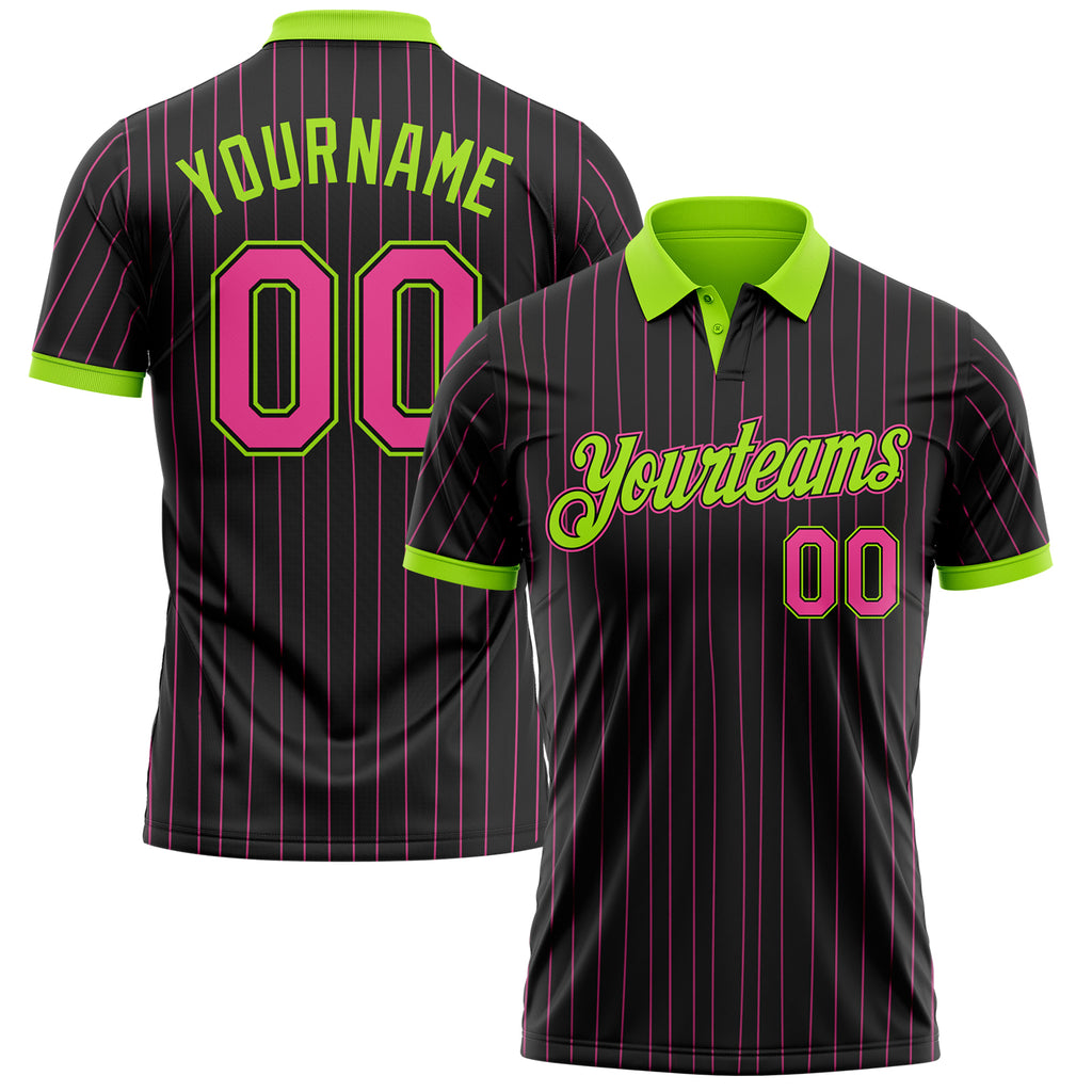 Custom Black Pink Pinstripe-Neon Green Performance Polo Shirt