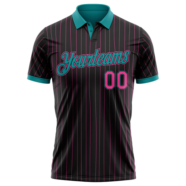 Custom Black Pink Pinstripe-Teal Performance Polo Shirt
