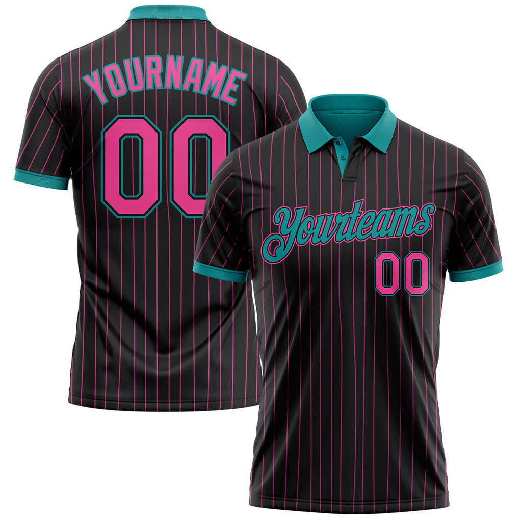 Custom Black Pink Pinstripe-Teal Performance Polo Shirt