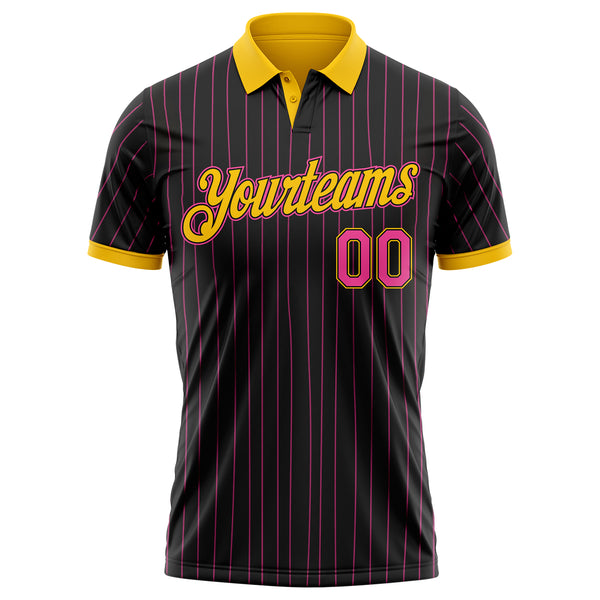 Custom Black Pink Pinstripe-Yellow Performance Polo Shirt