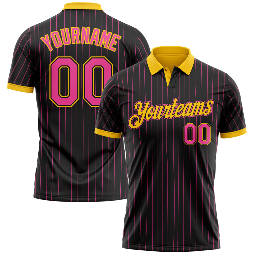 Custom Black Pink Pinstripe-Yellow Performance Polo Shirt