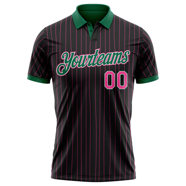 Custom Black Pink Pinstripe White-Kelly Green Performance Polo Shirt