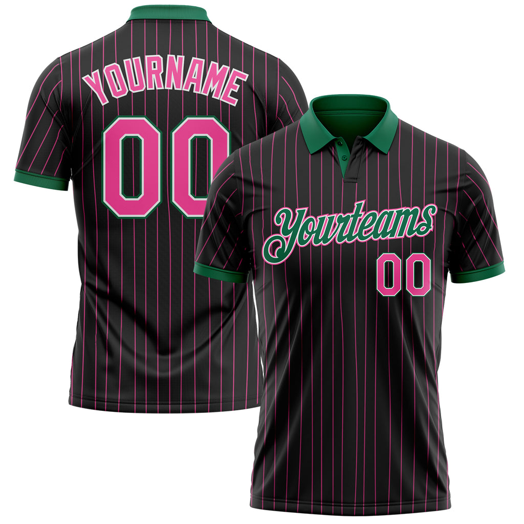 Custom Black Pink Pinstripe White-Kelly Green Performance Polo Shirt