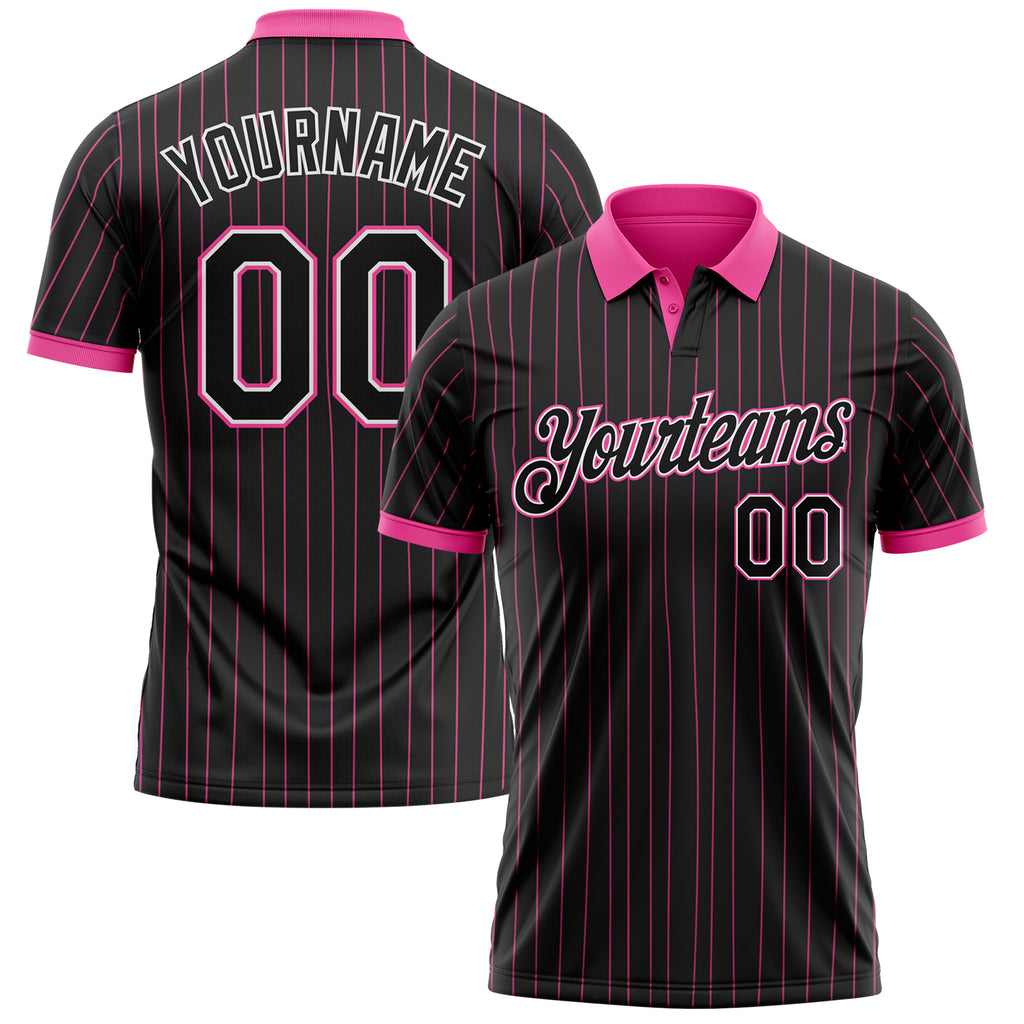 Custom Black Pink Pinstripe-White Performance Polo Shirt