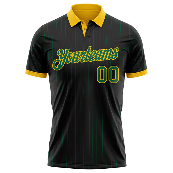 Custom Black Kelly Green Pinstripe-Yellow Performance Polo Shirt