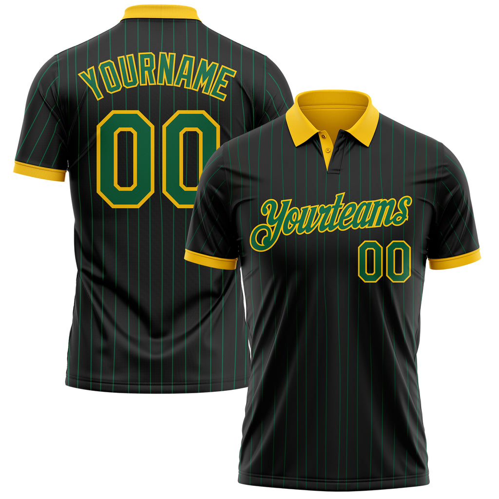 Custom Black Kelly Green Pinstripe-Yellow Performance Polo Shirt