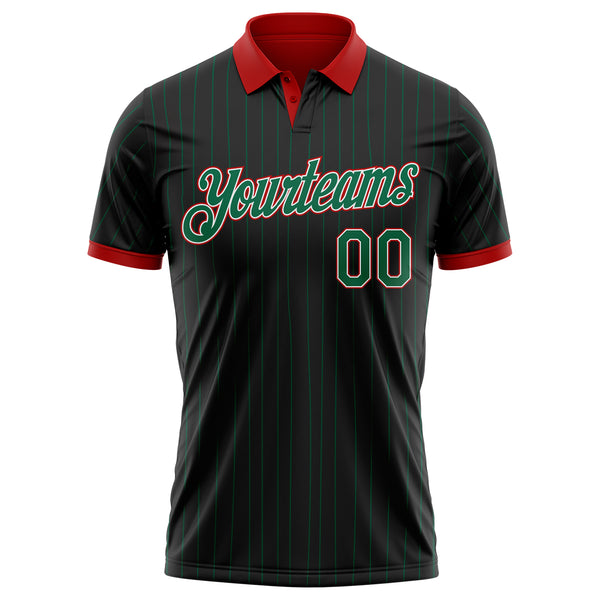Custom Black Kelly Green Pinstripe White-Red Performance Polo Shirt