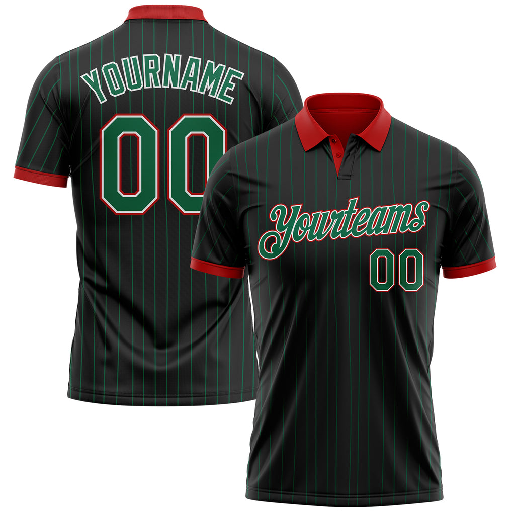 Custom Black Kelly Green Pinstripe White-Red Performance Polo Shirt