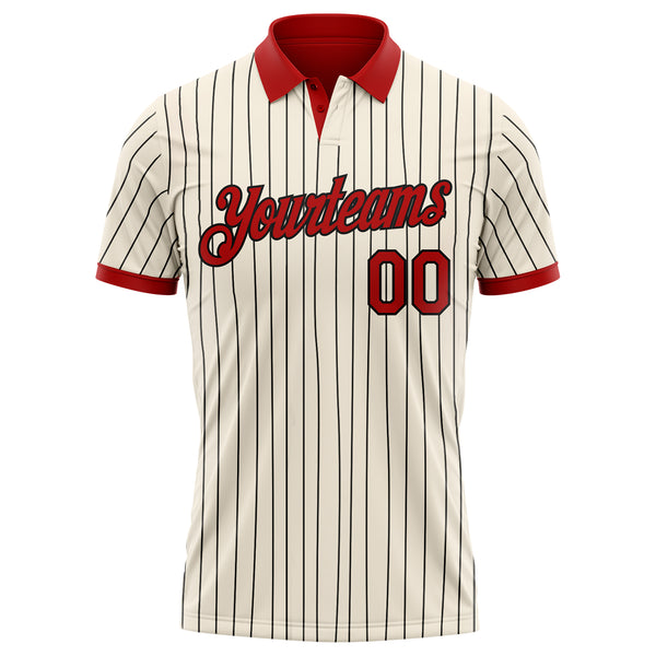 Custom Cream Black Pinstripe-Red Performance Polo Shirt