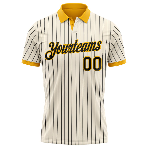 Custom Cream Black Pinstripe-Gold Performance Polo Shirt