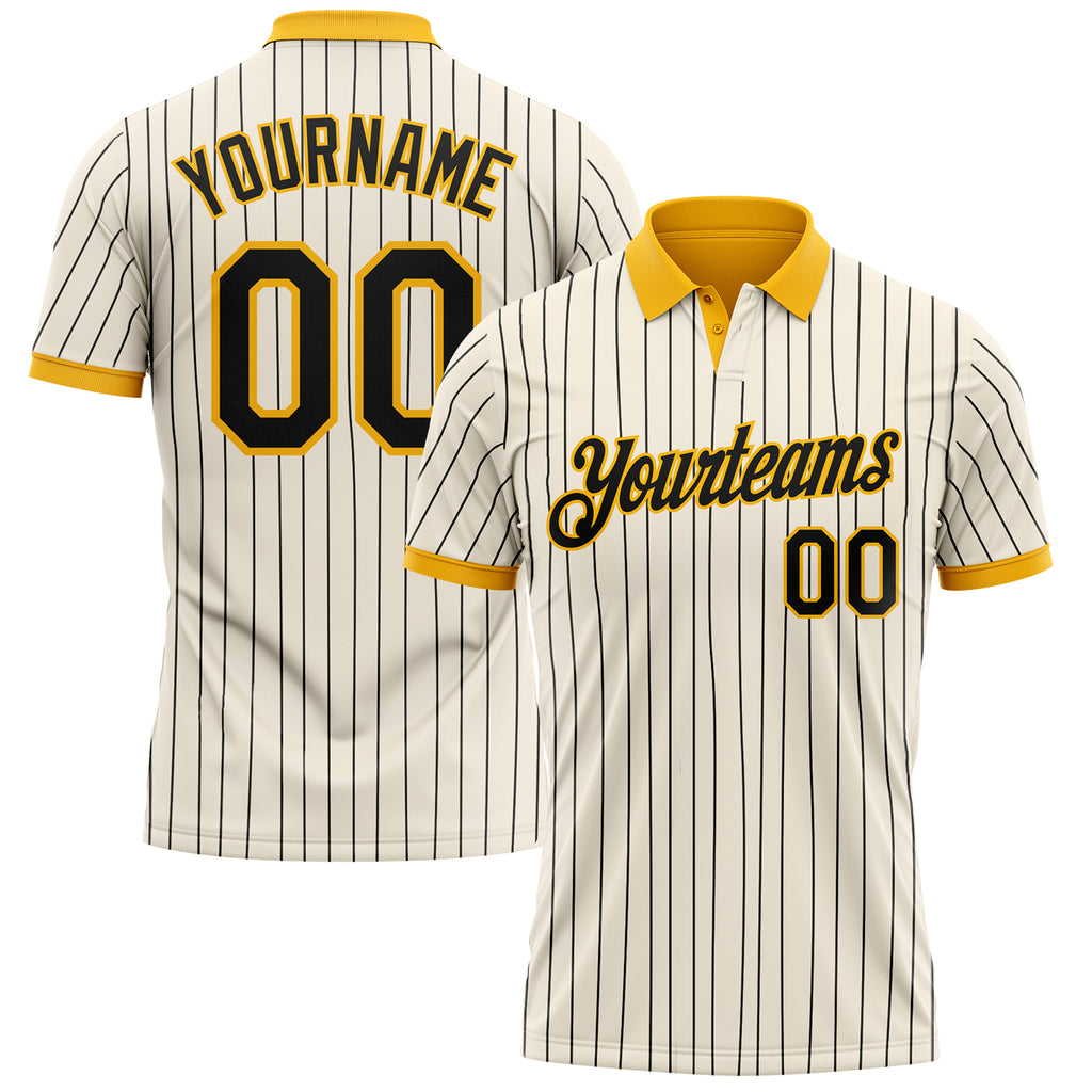 Custom Cream Black Pinstripe-Gold Performance Polo Shirt