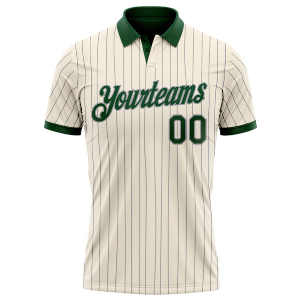 Custom Cream Gray Pinstripe-Green Performance Polo Shirt