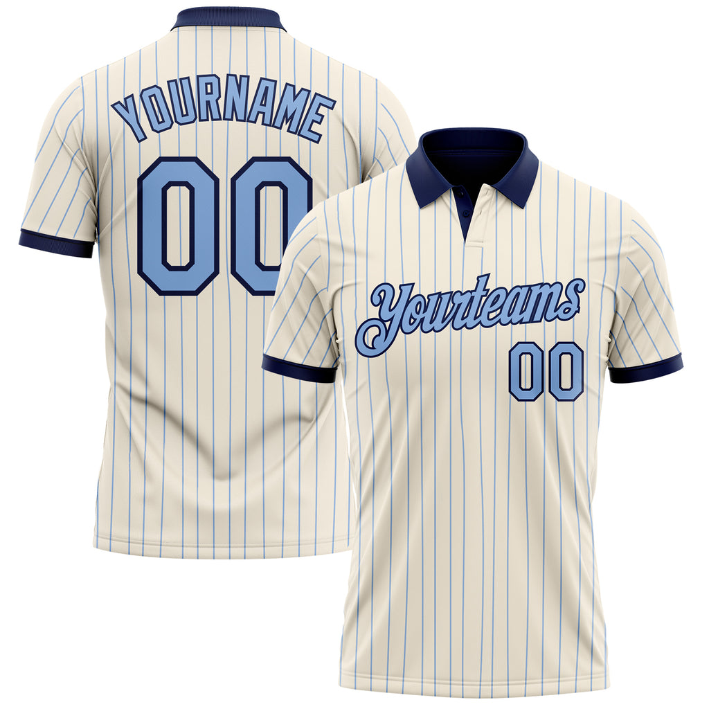 Custom Cream Light Blue Pinstripe-Navy Performance Polo Shirt