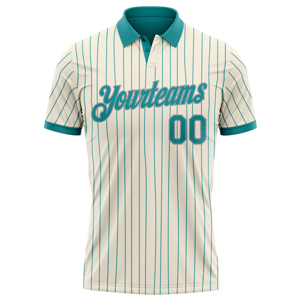 Custom Cream Teal Pinstripe-Gray Performance Polo Shirt