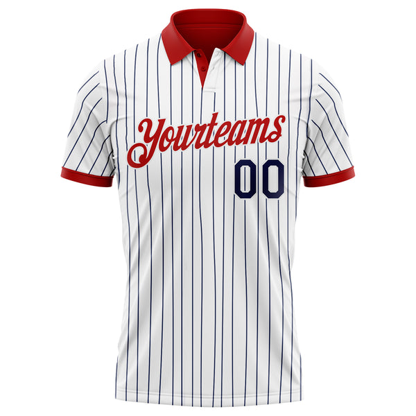 Custom White Navy Pinstripe-Red Performance Polo Shirt