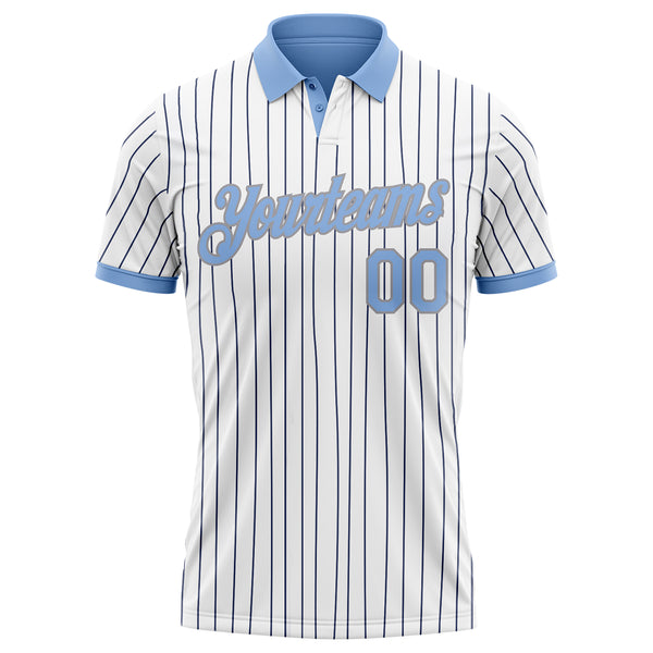 Custom White Navy Pinstripe Light Blue-Gray Performance Polo Shirt