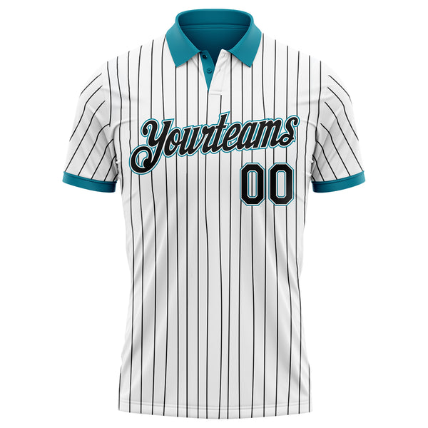 Custom White Black Pinstripe-Teal Performance Polo Shirt