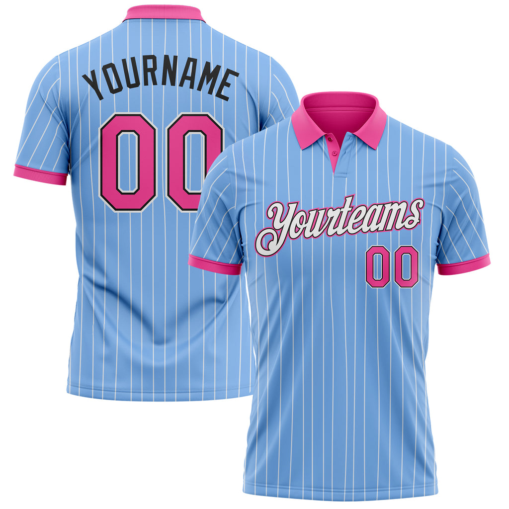 Custom Light Blue White Pinstripe Pink-Black Performance Polo Shirt