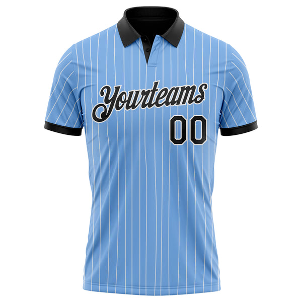 Custom Light Blue White Pinstripe-Black Performance Polo Shirt