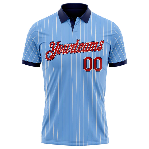 Custom Light Blue White Pinstripe Red-Navy Performance Polo Shirt