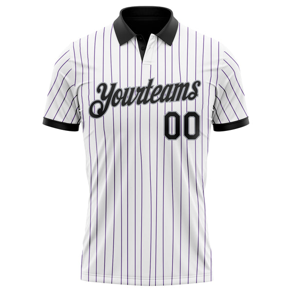 Custom White Purple Pinstripe Black-Gray Performance Polo Shirt