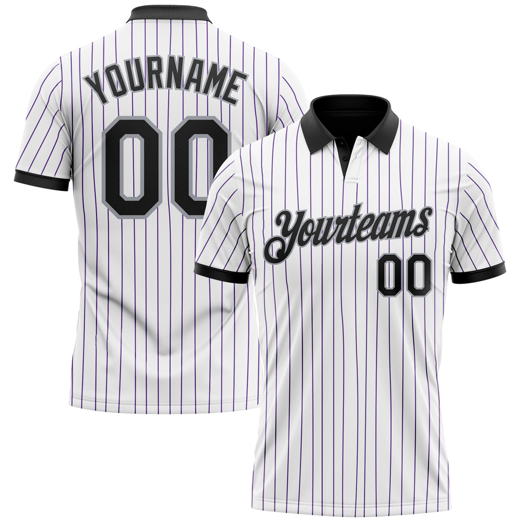 Custom White Purple Pinstripe Black-Gray Performance Polo Shirt