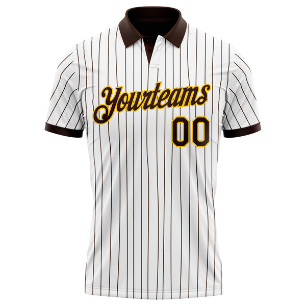 Custom White Brown Pinstripe-Yellow Performance Polo Shirt