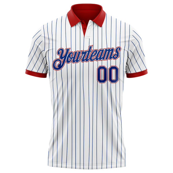 Custom White Royal Pinstripe-Red Performance Polo Shirt