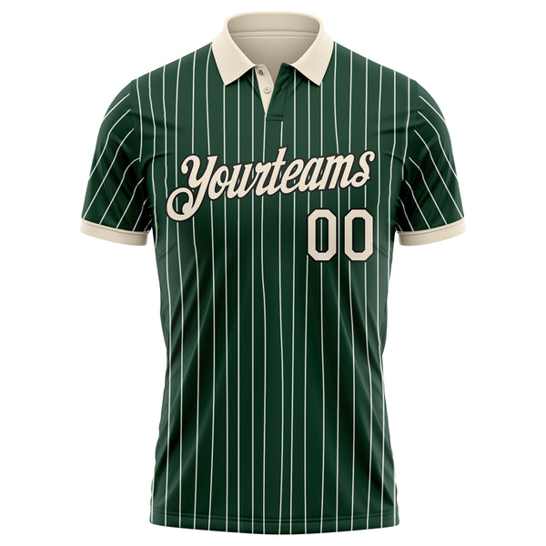 Custom Green White Pinstripe Cream-Black Performance Polo Shirt