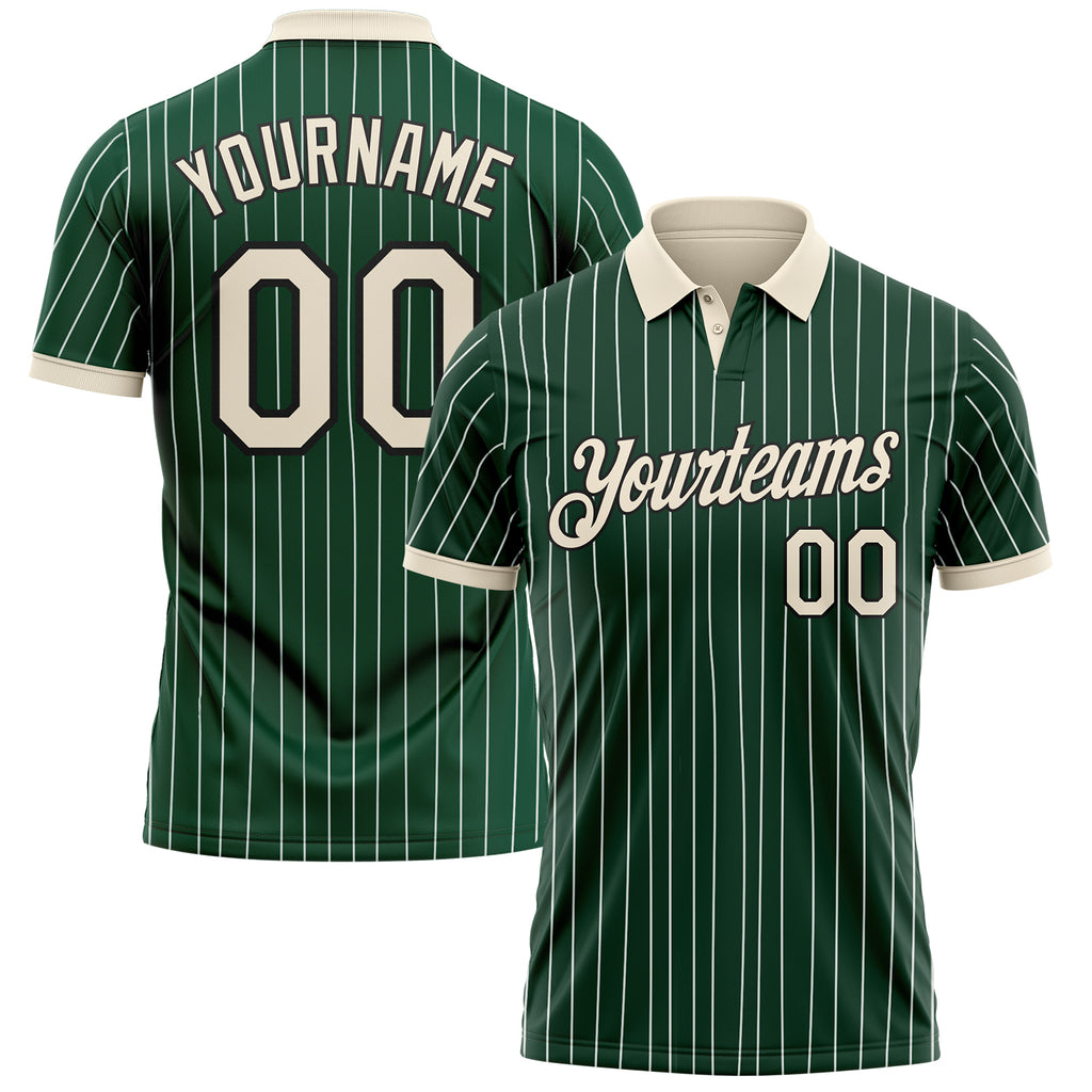 Custom Green White Pinstripe Cream-Black Performance Polo Shirt