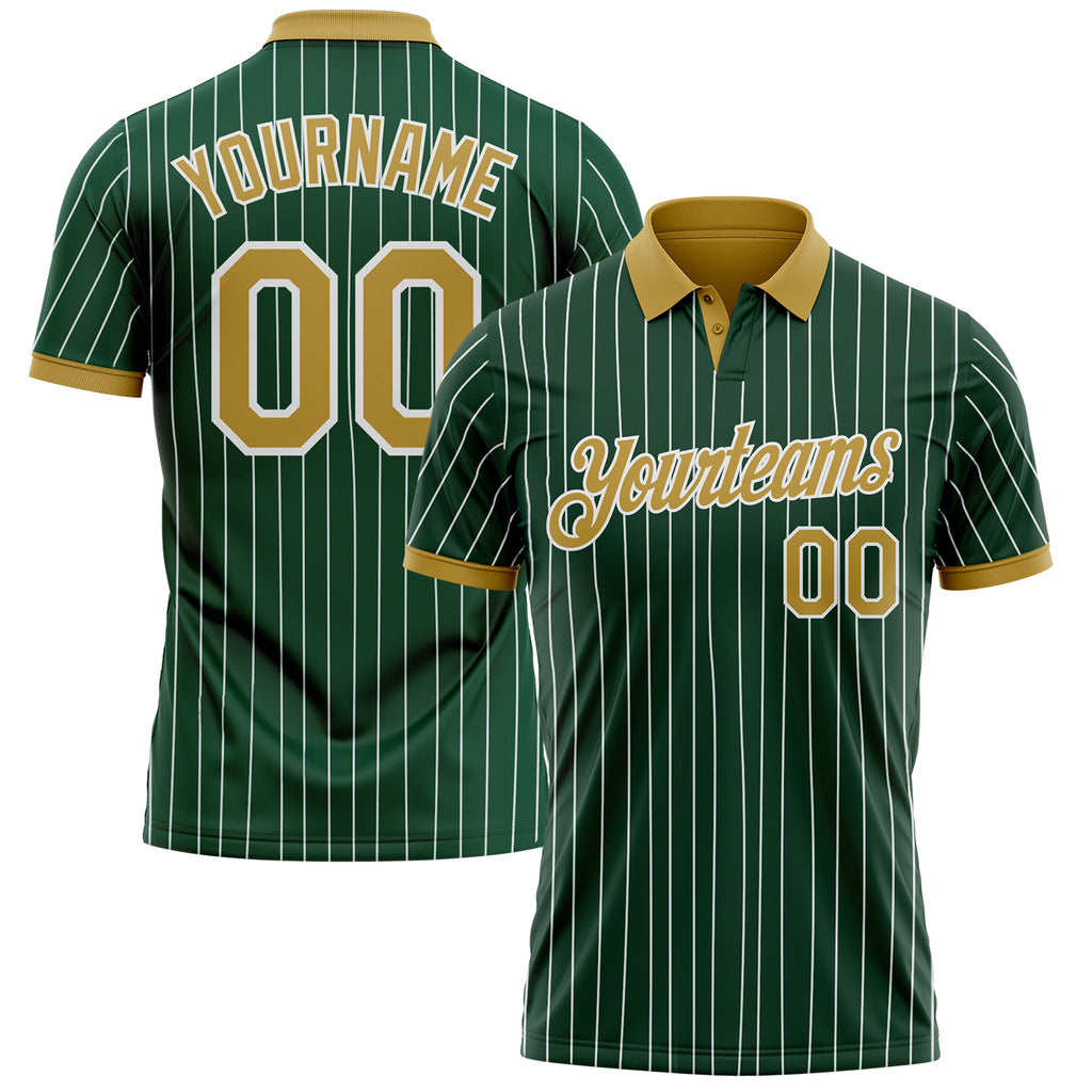 Custom Green White Pinstripe-Old Gold Performance Polo Shirt