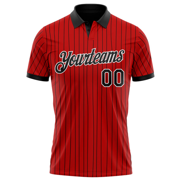 Custom Red Black Pinstripe-White Performance Polo Shirt