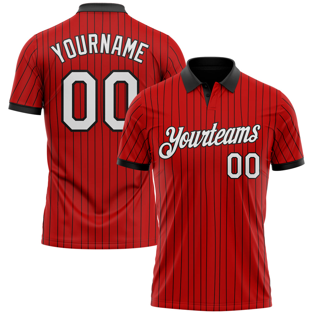 Custom Red Black Pinstripe-White Performance Polo Shirt