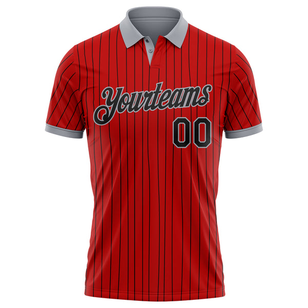 Custom Red Black Pinstripe-Gray Performance Polo Shirt