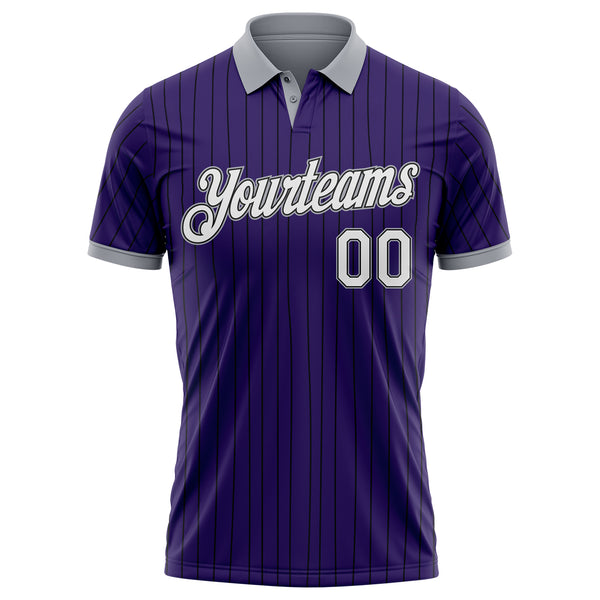 Custom Purple Black Pinstripe White-Gray Performance Polo Shirt